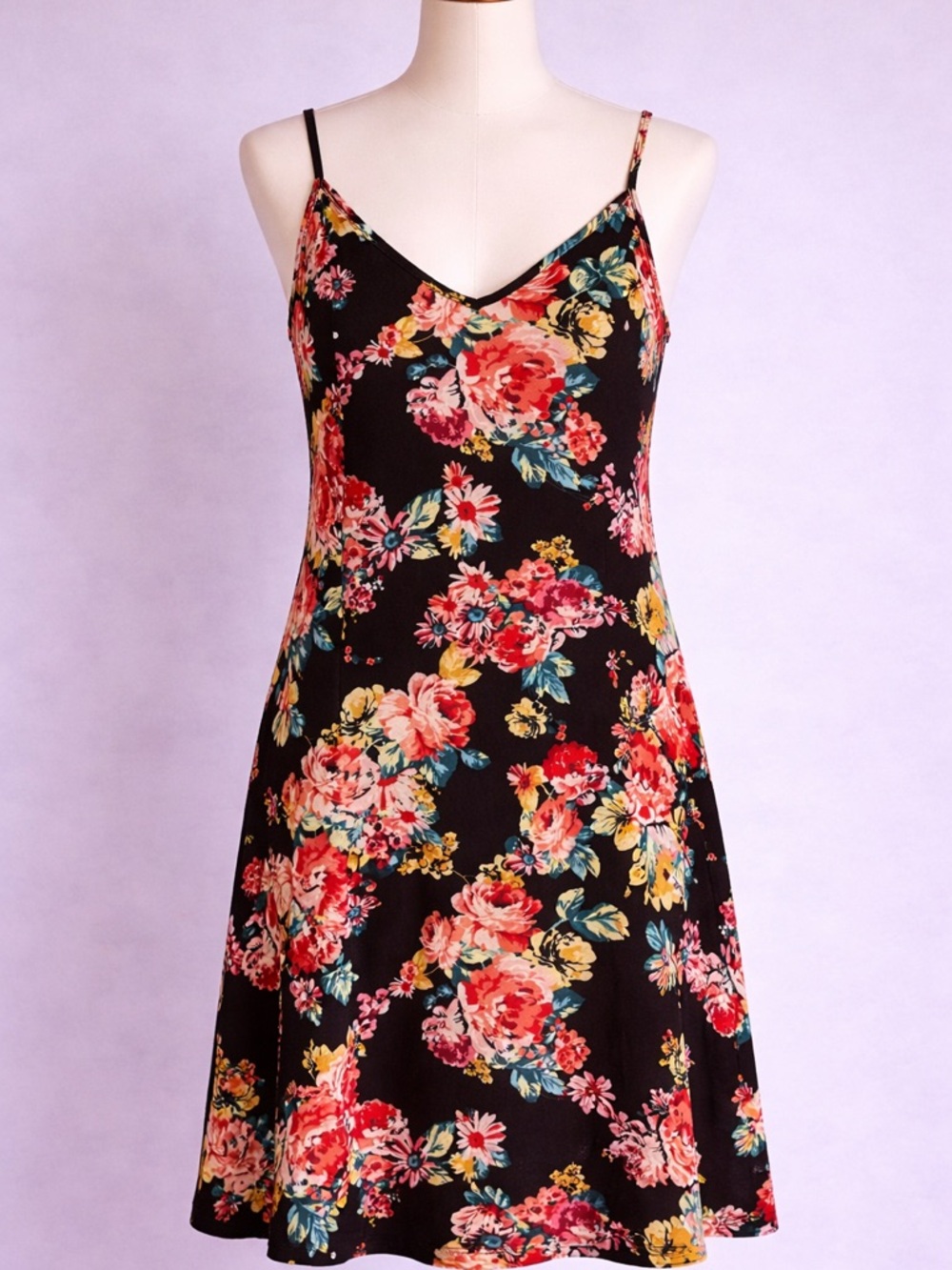 Floral V-Neck Slip Dress in Black with Red & Yellow Blooms 2X